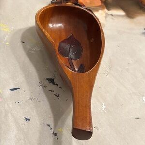 Carved Teak Wood Spoon with Leaf Inlay - Brown